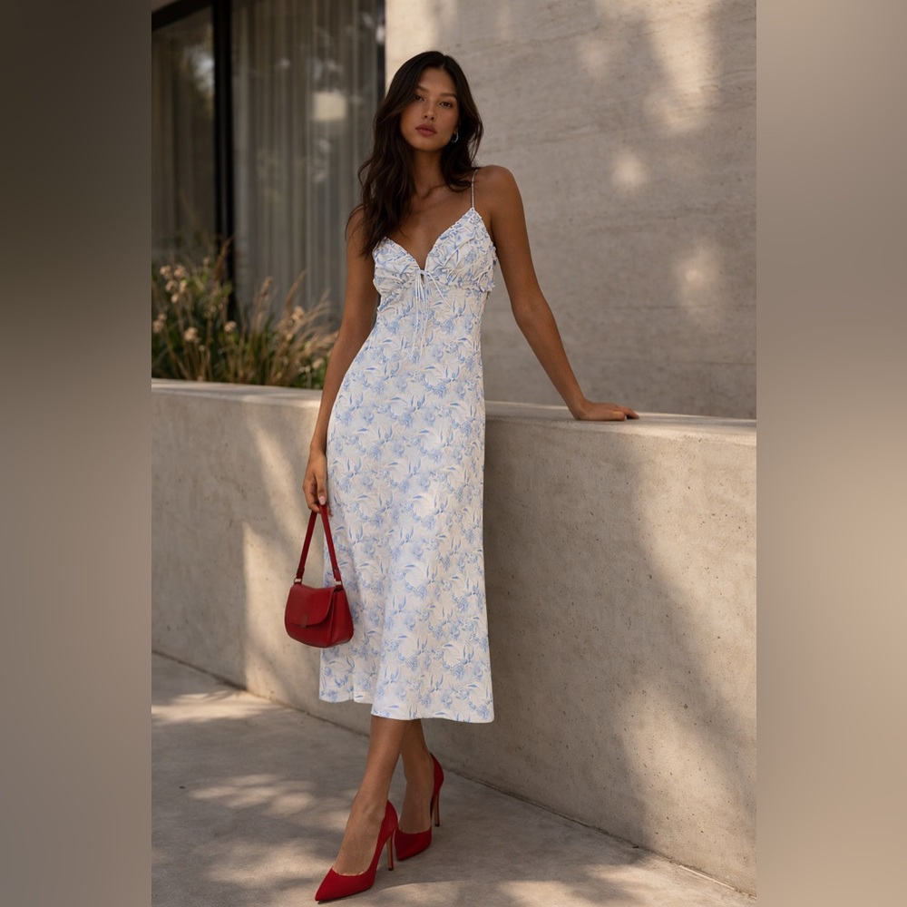 Lush White Midi Slip Dress with Blue Floral Print